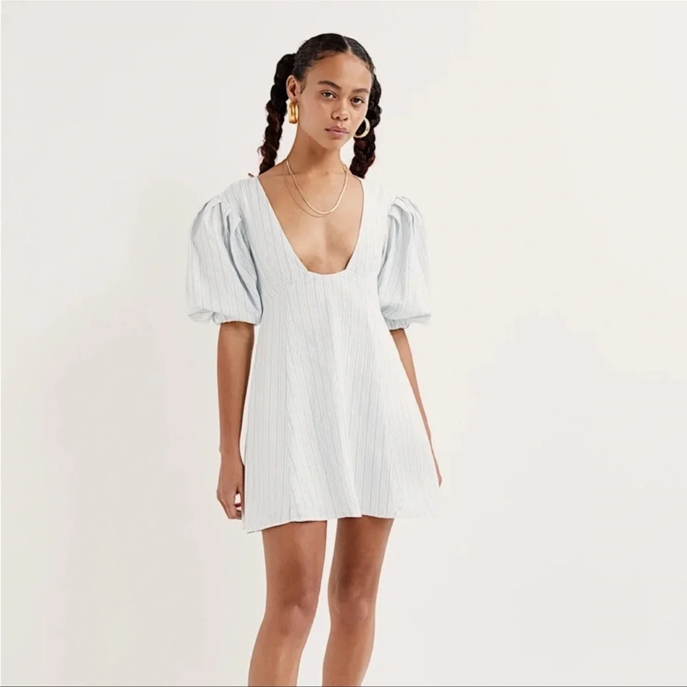 NWT For Love and Lemons Leslie Mini Dress Light Blue Size XS Metallic Stripe - Picture 10 of 10